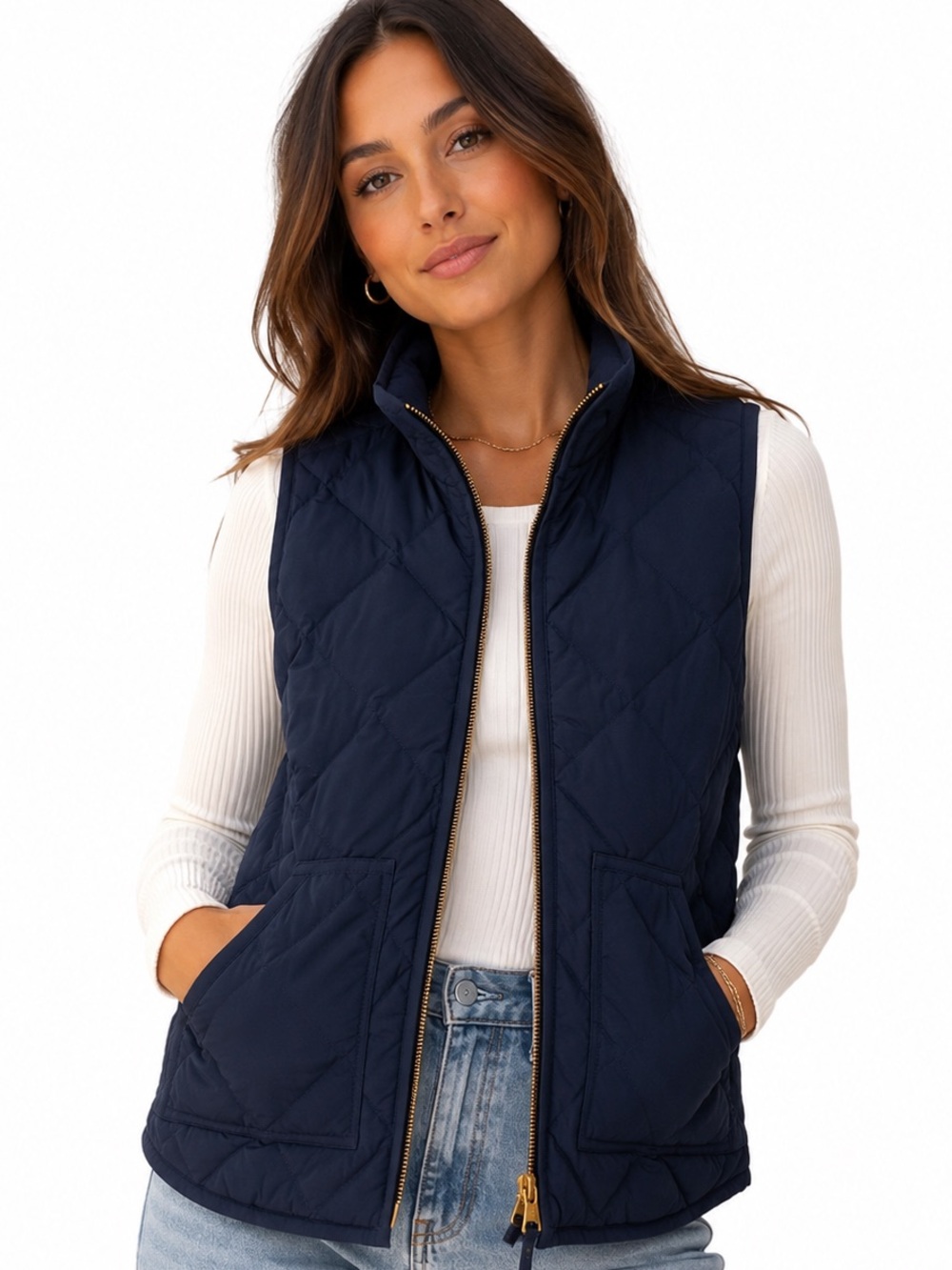 Women’s J. Crew Navy Gold Zipper Quilted Puffer Excursion Vest Outdoors Sz XXS